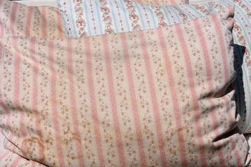 catalog photo of vintage chicken feather pillows w/ pretty flowered cotton ticking fabric