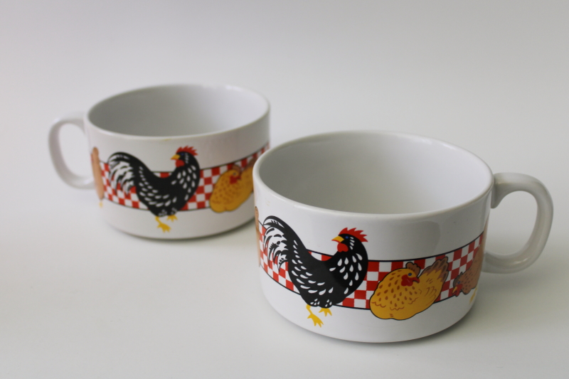 photo of vintage chicken soup bowl mugs, country kitchen red checks w/ roosters & hens #1