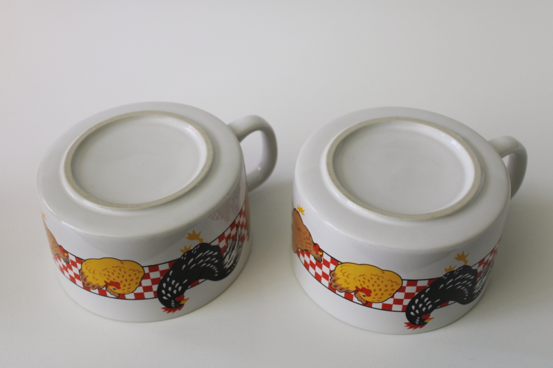 photo of vintage chicken soup bowl mugs, country kitchen red checks w/ roosters & hens #3