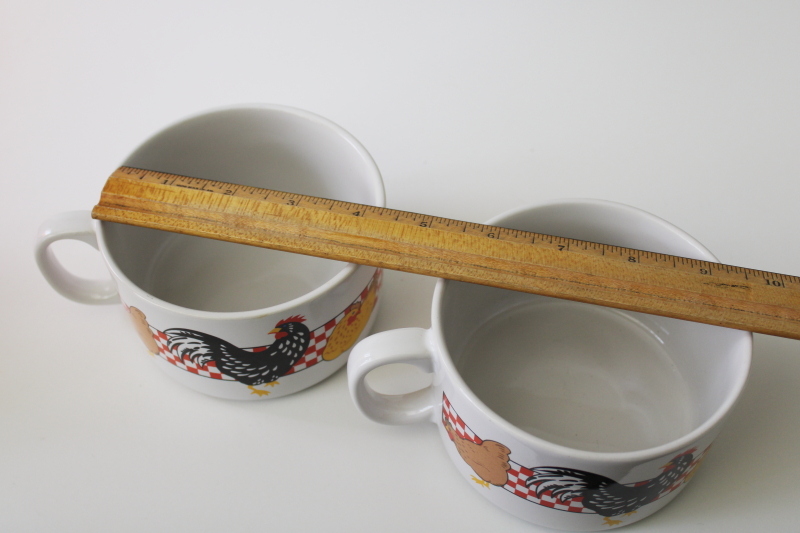 photo of vintage chicken soup bowl mugs, country kitchen red checks w/ roosters & hens #4