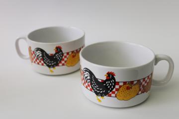 catalog photo of vintage chicken soup bowl mugs, country kitchen red checks w/ roosters & hens