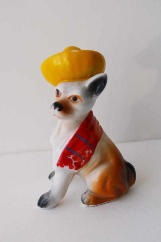 photo of vintage chihuahua dog china figurine, hand painted ceramic dog in hat & serape #1