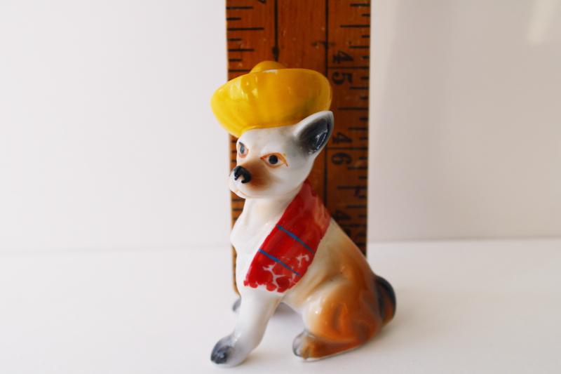 photo of vintage chihuahua dog china figurine, hand painted ceramic dog in hat & serape #2