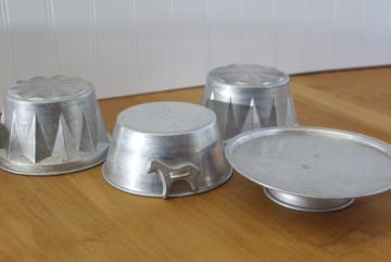 vintage child's size toy baking pans & cake stand, aluminum metal play kitchen cookware