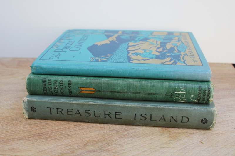 photo of vintage childrens books, aqua blue green old illustrated covers Robin Hood Treasure Island #1