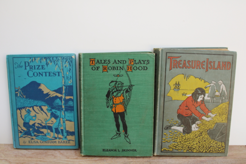 photo of vintage childrens books, aqua blue green old illustrated covers Robin Hood Treasure Island #2