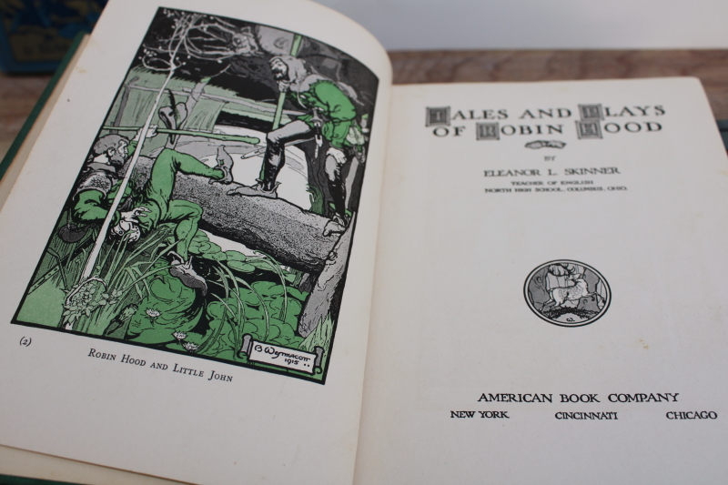 photo of vintage childrens books, aqua blue green old illustrated covers Robin Hood Treasure Island #5