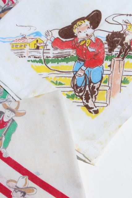 photo of vintage childrens hankies, western cowboy rodeo print cotton bandana handkerchiefs #3