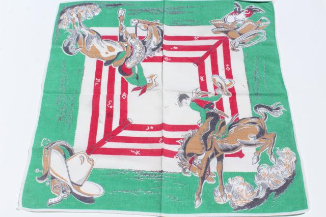 photo of vintage childrens hankies, western cowboy rodeo print cotton bandana handkerchiefs #4