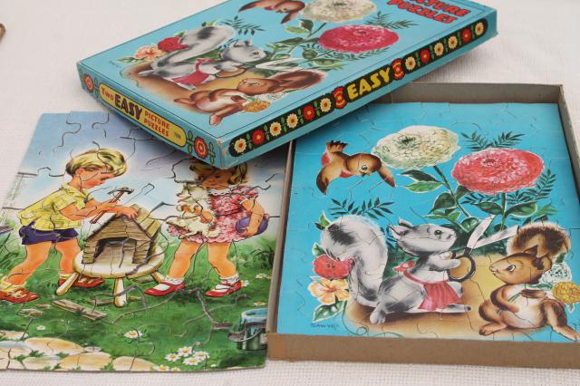 photo of vintage children's jigsaw puzzles, wood & cardboard tray board puzzle lot #8