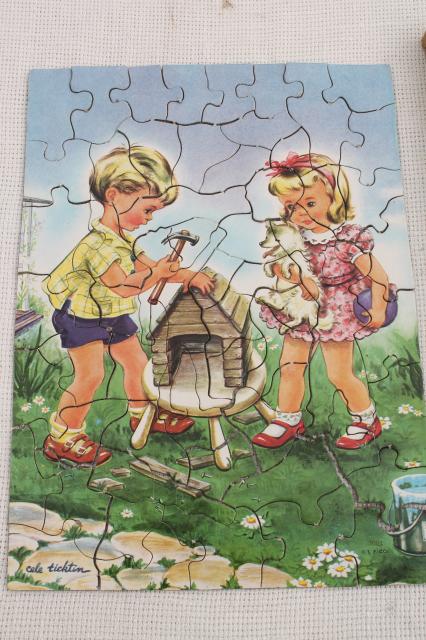 photo of vintage children's jigsaw puzzles, wood & cardboard tray board puzzle lot #9