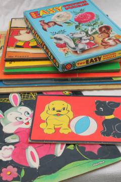 catalog photo of vintage children's jigsaw puzzles, wood & cardboard tray board puzzle lot