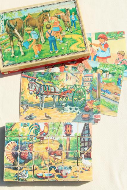 photo of vintage children's picture puzzle blocks set w/ color prints, made in West Germany #1