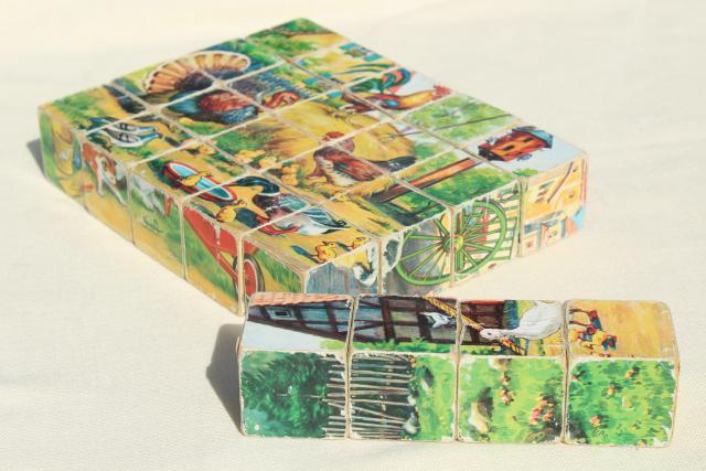 photo of vintage children's picture puzzle blocks set w/ color prints, made in West Germany #4