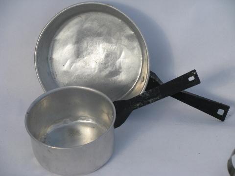 photo of vintage child's kitchenware, working toy utensils & tools, doll size baking pans #4