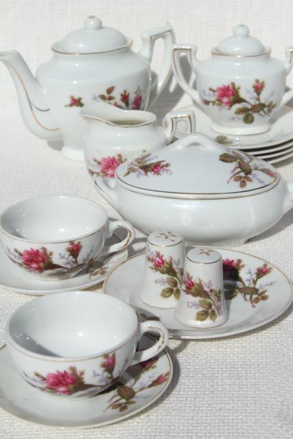 photo of vintage child's size china tea set, Japan moss rose pink roses porcelain doll dishes #1