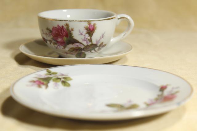 photo of vintage child's size working toy tea set, pink roses moss rose porcelain china doll dishes #2