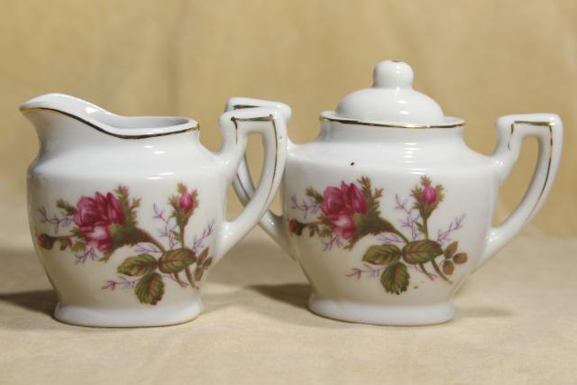 photo of vintage child's size working toy tea set, pink roses moss rose porcelain china doll dishes #9