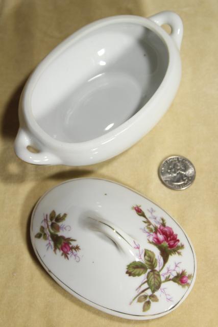 photo of vintage child's size working toy tea set, pink roses moss rose porcelain china doll dishes #13