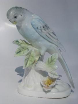 catalog photo of vintage china bird, blue budgie parakeet figurine, bone china? Japan?