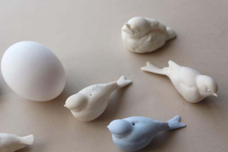 photo of vintage china birds, nesting bird figurines, matte finish bisque ivory & blue birds #5