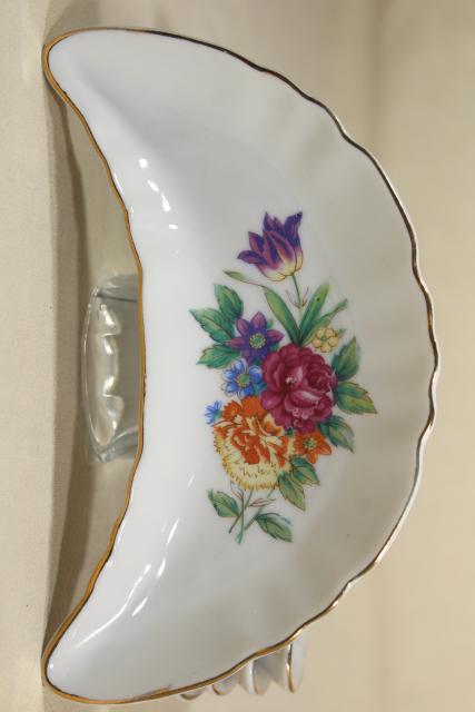 photo of vintage china bone dishes w/ different floral patterns, crescent shaped side plates #9