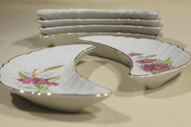 photo of vintage china bone dishes w/ different floral patterns, crescent shaped side plates #12