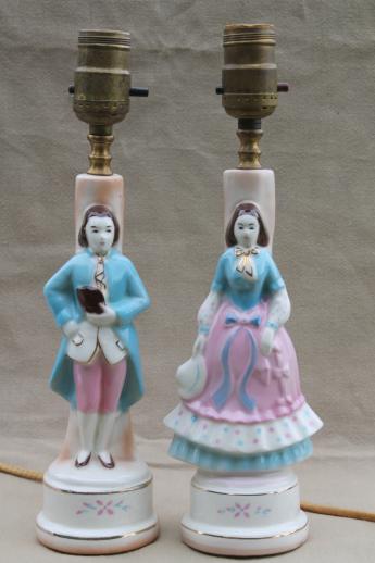 photo of vintage china boudoir lamps, pair of painted pottery figurines french couple #1