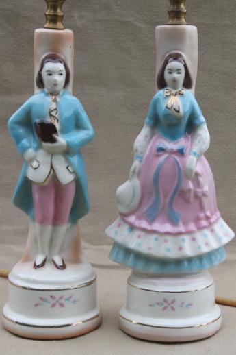 photo of vintage china boudoir lamps, pair of painted pottery figurines french couple #2