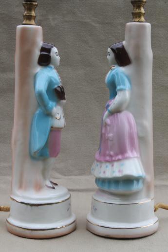 photo of vintage china boudoir lamps, pair of painted pottery figurines french couple #3