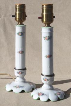 catalog photo of vintage china boudoir lamps, pair of vanity table lamps white porcelain w/ pink roses