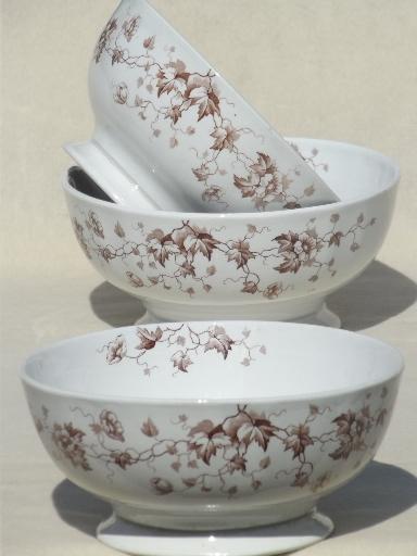 photo of vintage china cafe au lait bowls, antique transferware w/ brown ivy floral #1