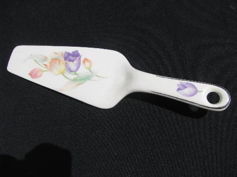 photo of vintage china cake or pie server, Harker pottery tulips pattern #1