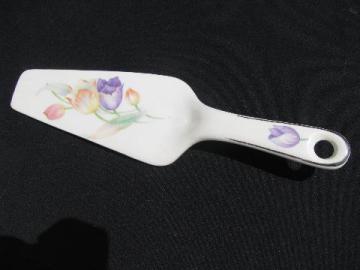 catalog photo of vintage china cake or pie server, Harker pottery tulips pattern