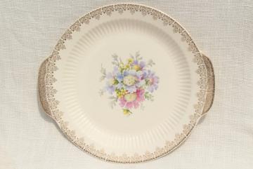 catalog photo of vintage china cake plate serving tray, shabby floral pincushion flower bouquet