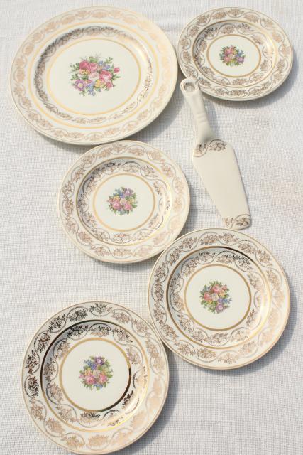 photo of vintage china cake plates & serving plate set, floral bouquet w/ gold lace border #1