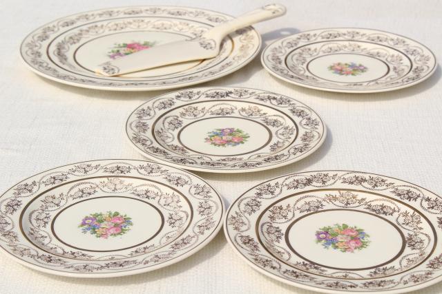 photo of vintage china cake plates & serving plate set, floral bouquet w/ gold lace border #3