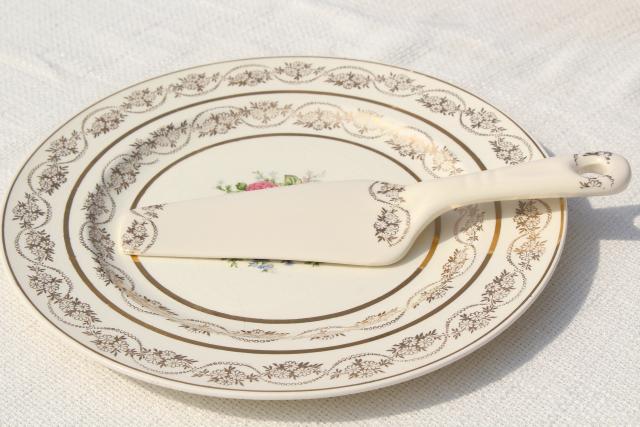 photo of vintage china cake plates & serving plate set, floral bouquet w/ gold lace border #6