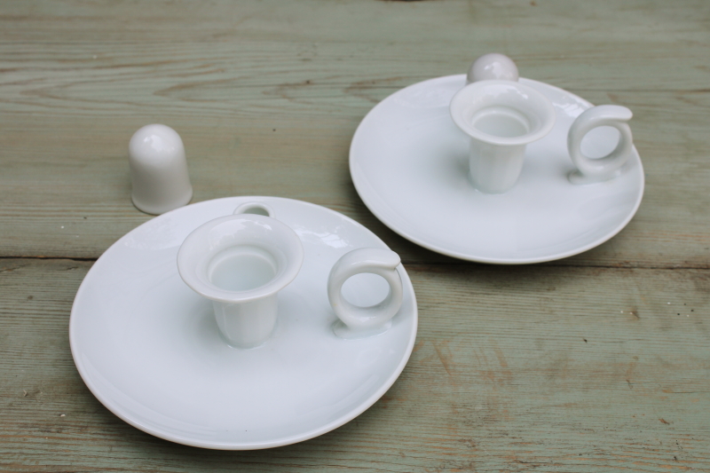photo of vintage china candle holders, pure white porcelain finger ring chamber candlesticks pair w/ snuffers  #1