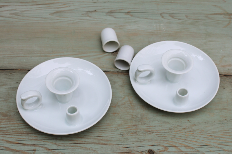 photo of vintage china candle holders, pure white porcelain finger ring chamber candlesticks pair w/ snuffers  #3