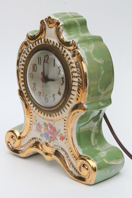 photo of vintage china case mantle clock, fancy painted green marble boudoir or parlor clock #1