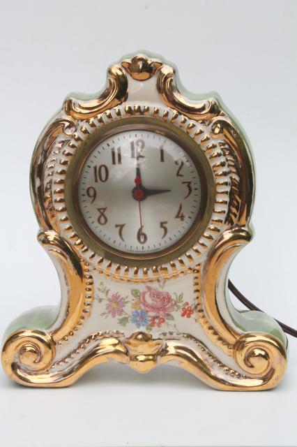 photo of vintage china case mantle clock, fancy painted green marble boudoir or parlor clock #3