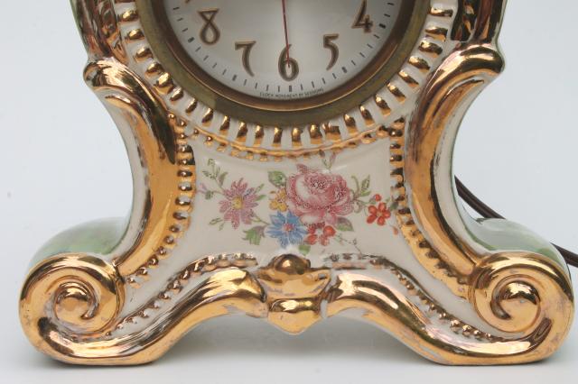 photo of vintage china case mantle clock, fancy painted green marble boudoir or parlor clock #5