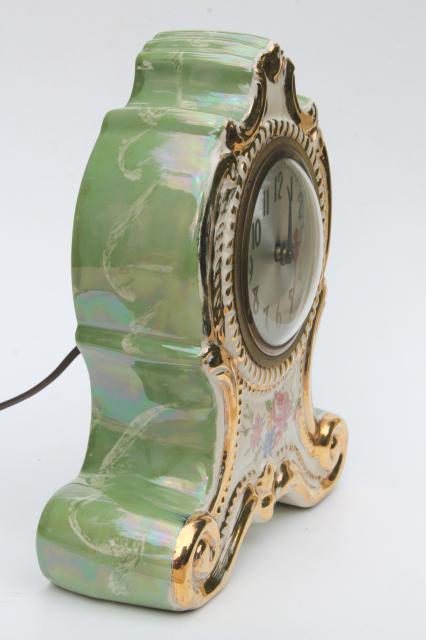 photo of vintage china case mantle clock, fancy painted green marble boudoir or parlor clock #6