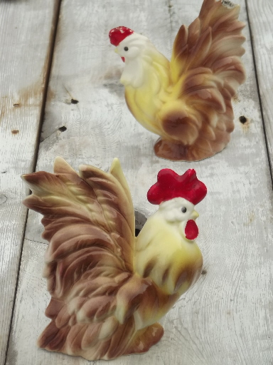 photo of vintage china chickens, hand-painted pottery hen & rooster pair of figurines #1