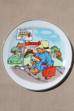 catalog photo of vintage china collector's plate - Paddington Bear at bus stop for back to school 