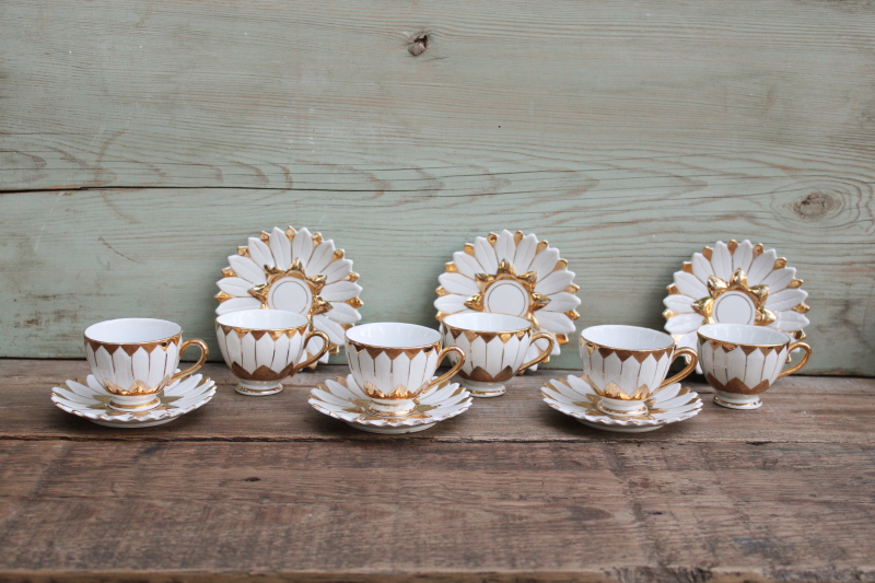 photo of vintage china demitasse cups & saucers, white w/ gold flower shaped espresso or tiny tea cups set for 6 #1