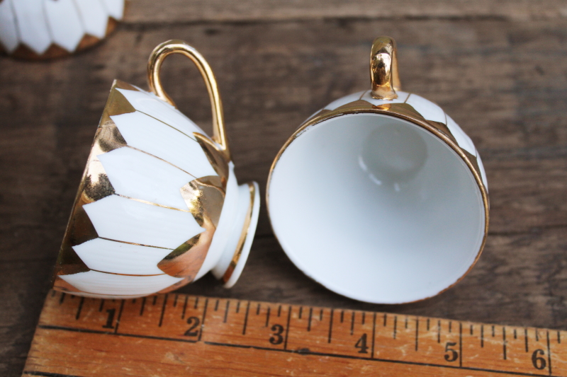 photo of vintage china demitasse cups & saucers, white w/ gold flower shaped espresso or tiny tea cups set for 6  #2