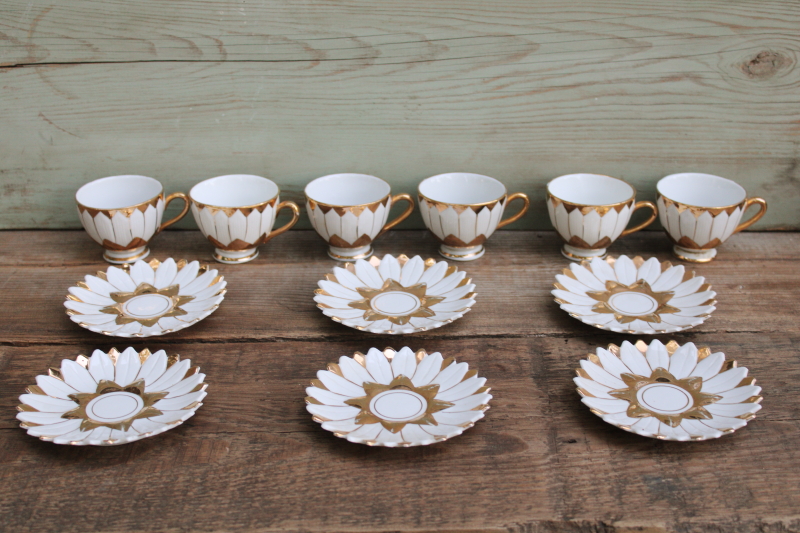 photo of vintage china demitasse cups & saucers, white w/ gold flower shaped espresso or tiny tea cups set for 6  #4