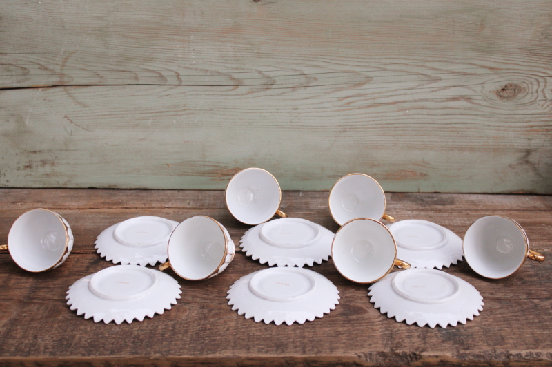 photo of vintage china demitasse cups & saucers, white w/ gold flower shaped espresso or tiny tea cups set for 6  #7